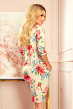 13-121 Sukienka sportowa z kieszonkami - BEŻOWY LEN + CZERWONE KWIATY-4
