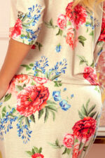 13-121 Sukienka sportowa z kieszonkami - BEŻOWY LEN + CZERWONE KWIATY-5