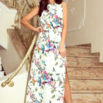 191-6 Sukienka MAXI wiązana na szyi z rozcięciem - kolorowe róże i niebieskie ptaszki-1