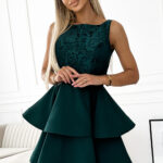 205-4 LAURA podwójnie rozkloszowana sukienka z koronkową górą - ZIELEŃ BUTELKOWA-1