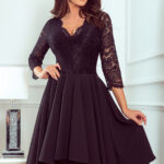 210-10 NICOLLE - sukienka z dłuższym tyłem z koronkowym dekoltem - CZARNA-1