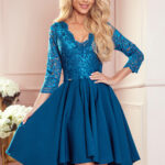 210-14 NICOLLE - sukienka z dłuższym tyłem z koronkowym dekoltem - MORSKA-1