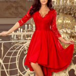 210-6 NICOLLE - sukienka z dłuższym tyłem z koronkowym dekoltem - CZERWONA-1