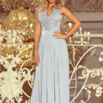 215-1 LEA długa suknia bez rękawków z haftowanym dekoltem - SREBRNA-1