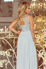 215-1 LEA długa suknia bez rękawków z haftowanym dekoltem - SREBRNA-4