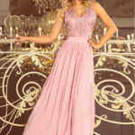 215-5 LEA długa suknia bez rękawków z haftowanym dekoltem - TAUPE-1