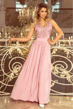 215-5 LEA długa suknia bez rękawków z haftowanym dekoltem - TAUPE-1