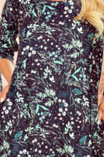 281-4 SOPHIE Wygodna sukienka Oversize - Miętowe liście na ciemnym tle-5