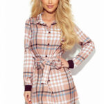 288-4 Koszulowa sukienka z guzikami - BEŻOWO BIAŁA KRATKA-1