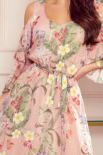 292-1 MARINA zwiewna szyfonowa sukienka z dekoltem - RÓŻOWA W KWIATY-5