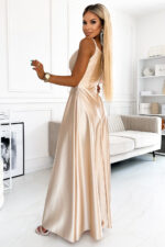 299-8 CHIARA elegancka maxi długa satynowa suknia na ramiączkach - ZŁOTA-3