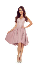 300-1 PATRICIA - sukienka z dłuższym tyłem i koronkowym dekoltem - PUDROWY RÓŻ-9
