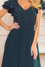 310-1 LIDIA długa sukienka z dekoltem i falbankami - ZIELEŃ BUTELKOWA-5