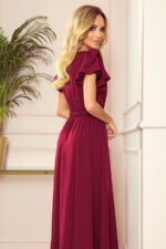 310-5 LIDIA długa sukienka z dekoltem i falbankami - BORDOWA-4