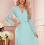 313-12 ISABELLE Plisowana sukienka z dekoltem i długim rękawkiem - MIĘTOWA-1