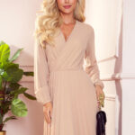 313-9 ISABELLE Plisowana sukienka z dekoltem i długim rękawkiem - BEŻ-1