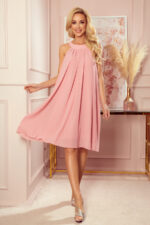 350-2 ALIZEE - szyfonowa sukienka z wiązaniem - PUDROWY RÓŻ-5