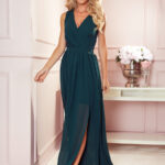 362-2 JUSTINE Długa suknia z dekoltem i wiązaniem - ZIELEŃ BUTELKOWA-1