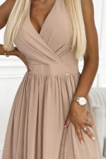 362-6 JUSTINE Długa suknia z dekoltem i wiązaniem - BEŻOWA-6