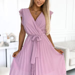 374-3 POLINA Plisowana sukienka z dekoltem i falbankami - BRUDNY RÓŻ-1