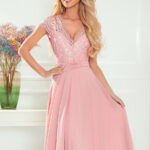 381-1 LINDA - szyfonowa sukienka z koronkowym dekoltem - BRUDNY RÓŻ-1