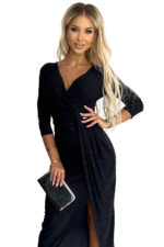 404-6 Błyszcząca długa sukienka z dekoltem i rozcięciem na nodze - CZARNA z brokatem-8