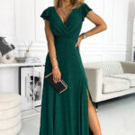 411-1 CRYSTAL połyskująca długa suknia z dekoltem - ZIELEŃ BUTELKOWA-1