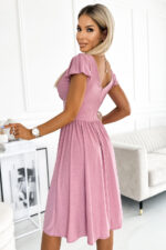 425-2 MATILDE Sukienka z dekoltem i krótkim rękawkiem - PUDROWY RÓŻ Z BROKATEM-3