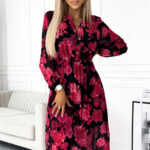 449-2 CARLA Plisowana sukienka midi z guziczkami i długim rękawkiem - CZARNA W CZERWONE RÓŻE-1