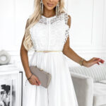 454-1 GRETA sukienka z koronką i złotym paskiem - BIAŁA-1