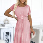 465-3 MIA Plisowana sukienka midi z szerokim paskiem - BRUDNY RÓŻ-1