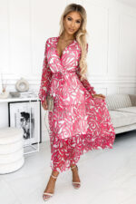 476-1 ENRICA Sukienka z dekoltem i długim rękawkiem - RÓŻOWE FALE - siatka-5