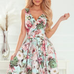 478-1 MAYA Sukienka z dłuższym tyłem, dekoltem i paskiem - RÓŻOWE KWIATY-1