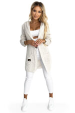 488-1 Kardigan - narzutka z kapturem, kieszonkami i naszywką - kolor BEŻOWY-6
