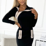 497-1 Dwukolorowa sukienka z trzema zamkami - czarno-beżowa-1