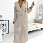 504-2 VIVIANA Plisowana sukienka midi z dekoltem, długim rękawkiem i szerokim paskiem - BEŻOWA-1