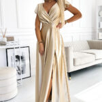 411-7 CRYSTAL satynowa długa suknia z dekoltem - ZŁOTA-1