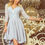 210-9 NICOLLE - sukienka z dłuższym tyłem z koronkowym dekoltem - SZARA-1