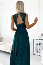 211-6 LEA długa suknia z koronkowym dekoltem - ZIELEŃ BUTELKOWA-5