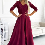 309-9 AMBER elegancka długa suknia maxi z koronkowym dekoltem - BORDOWA-1