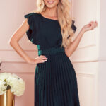 396-3 LAYLA Plisowana sukienka z paskiem - ZIELEŃ BUTELKOWA-1