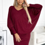 402-4 Sukienka nietoperz z dekoltem - kolor bordowy z brokatem-1