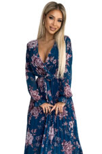 519-3 Plisowana szyfonowa długa sukienka z dekoltem, długim rękawkiem i paskiem - NIEBIESKA w kwiaty-8