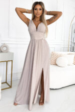 490-2 SUSAN Długa brokatowa suknia z dekoltem i przeszyciami w pasie - BEŻOWA-1