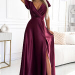 411-10 CRYSTAL satynowa długa suknia z dekoltem - BORDOWA-1