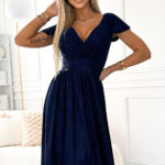 425-8 MATILDE Sukienka z dekoltem i krótkim rękawkiem - GRANATOWA z brokatem-1