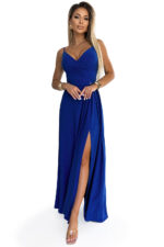 299-17 CHIARA elegancka maxi długa suknia na ramiączkach - CHABROWA Z BROKATEM-9