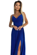 299-17 CHIARA elegancka maxi długa suknia na ramiączkach - CHABROWA Z BROKATEM-10