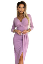 404-10 Błyszcząca długa sukienka z dekoltem i rozcięciem na nodze - BRUDNY RÓŻ z brokatem-8