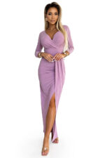 404-10 Błyszcząca długa sukienka z dekoltem i rozcięciem na nodze - BRUDNY RÓŻ z brokatem-7